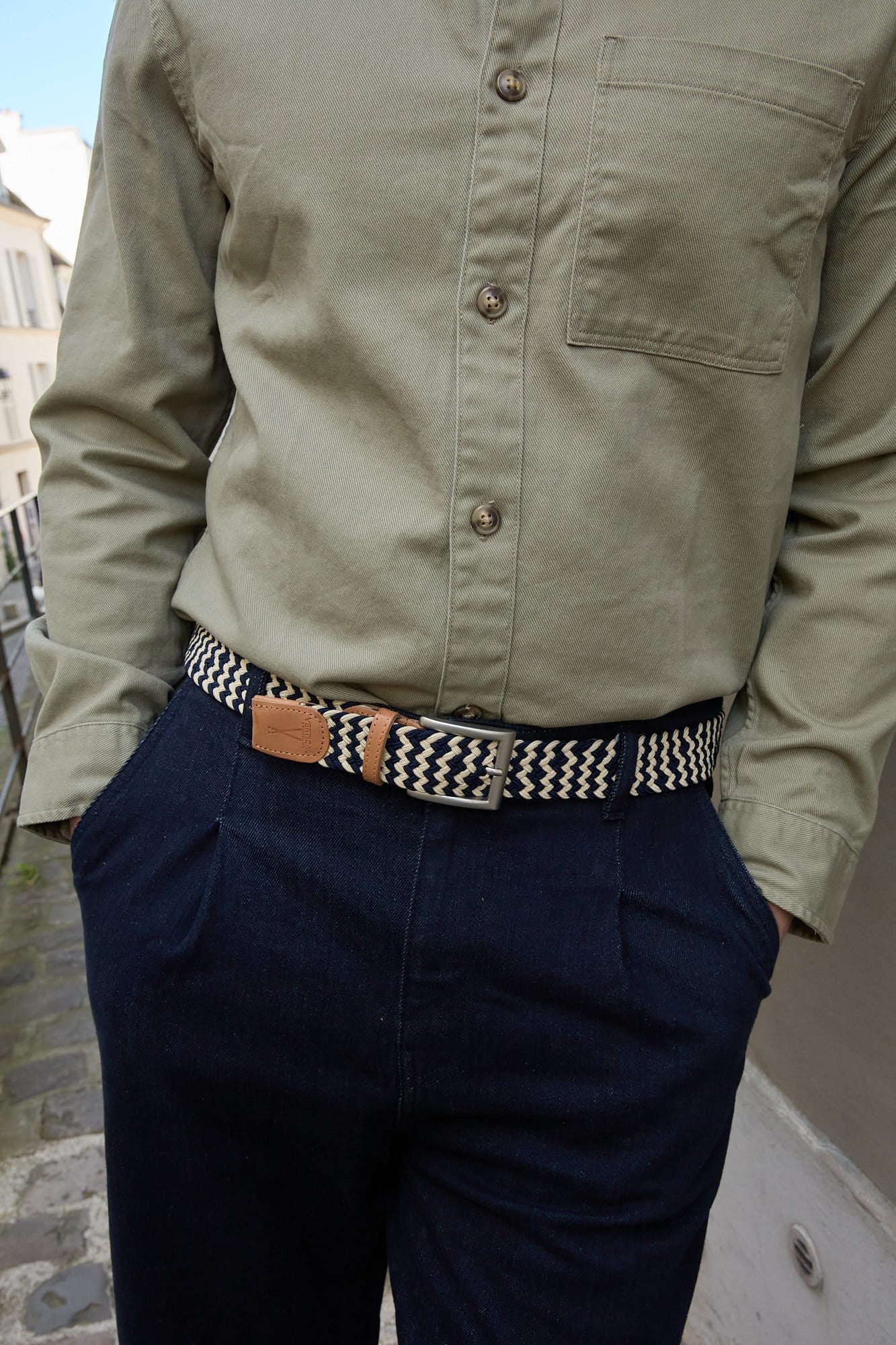 Ceinture tressée bleu marine beige