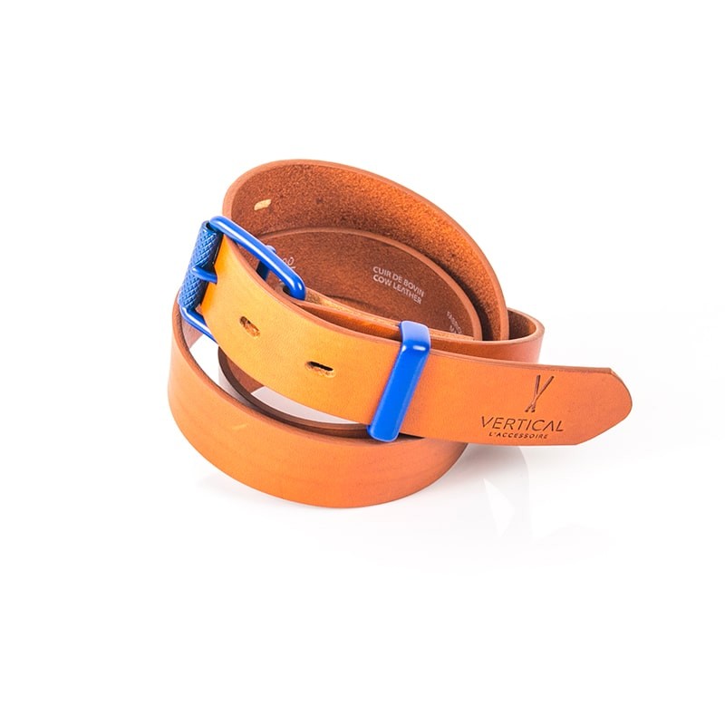 Ceinture cuir véritable camel boucle colorée