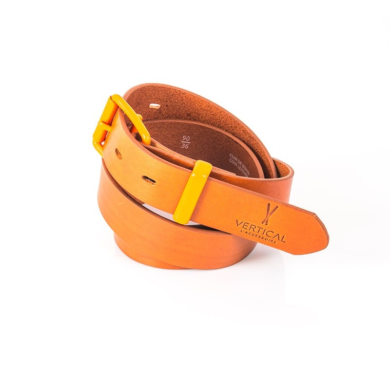 Ceinture cuir véritable camel boucle colorée