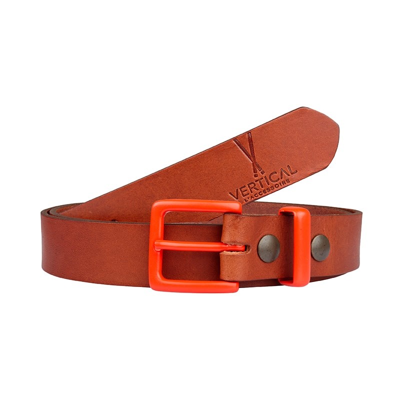 Ceinture cuir véritable cognac boucle colorée
