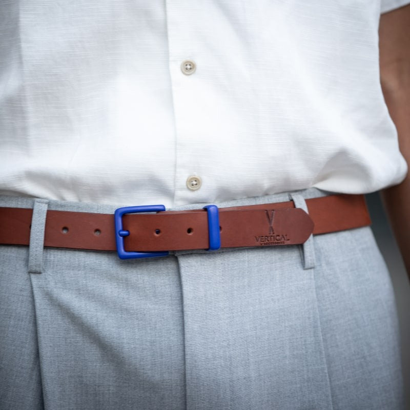 Ceinture cuir véritable cognac boucle colorée