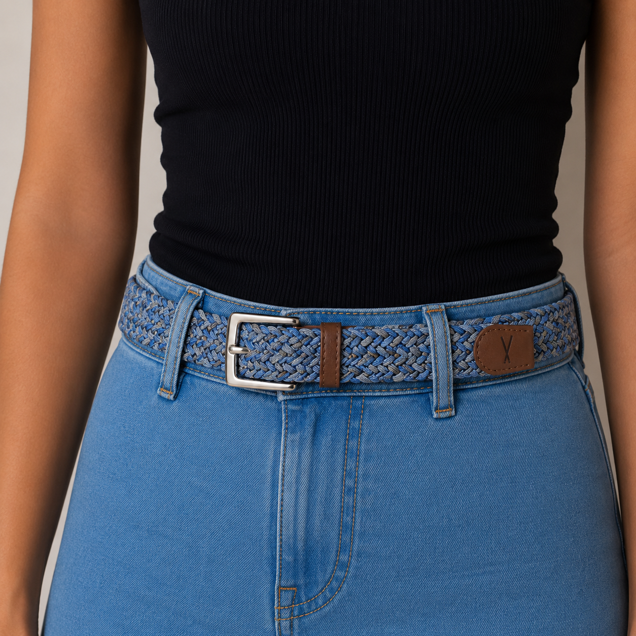 Ceinture tressée fine bleu gris