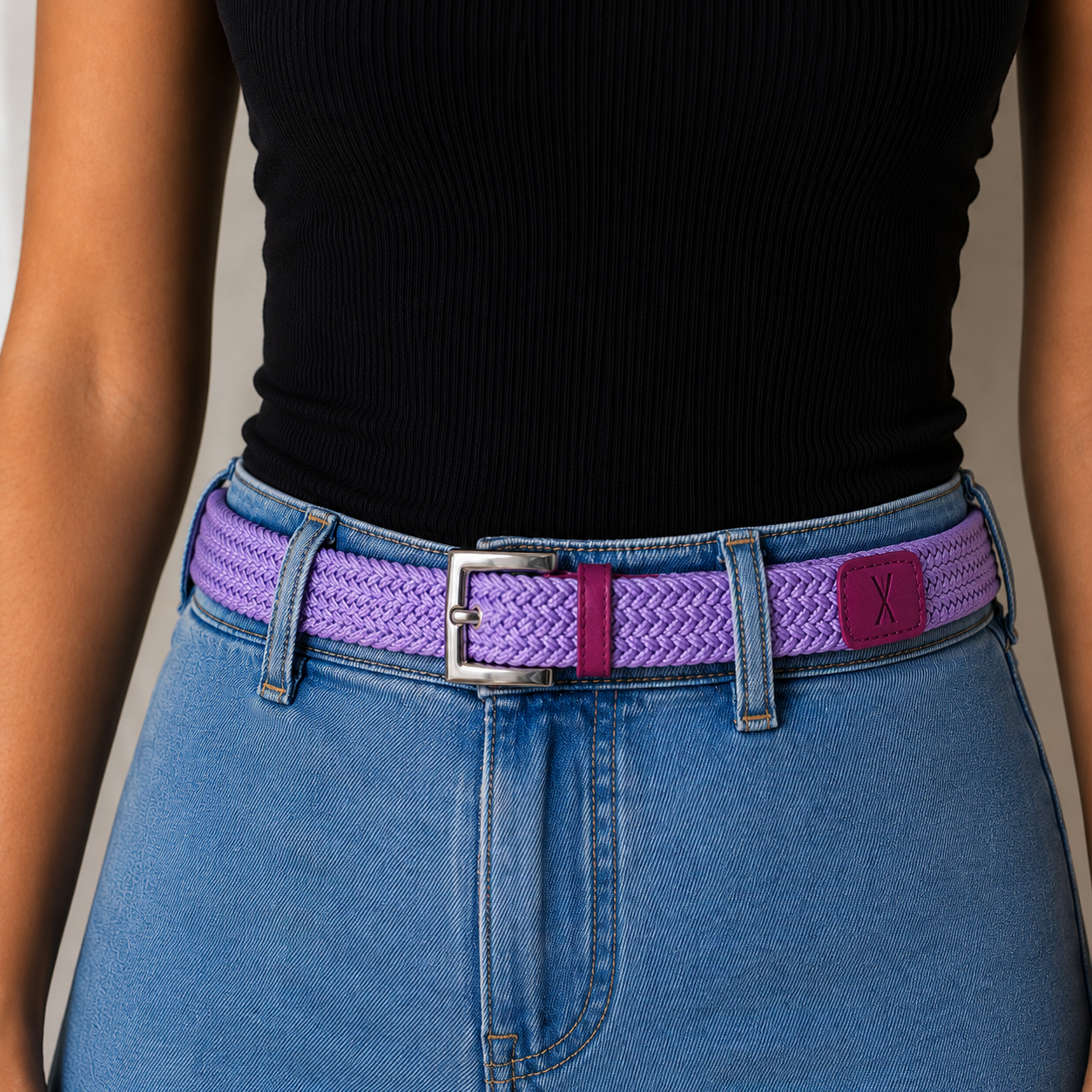 Ceinture tressée fine violet bordeaux
