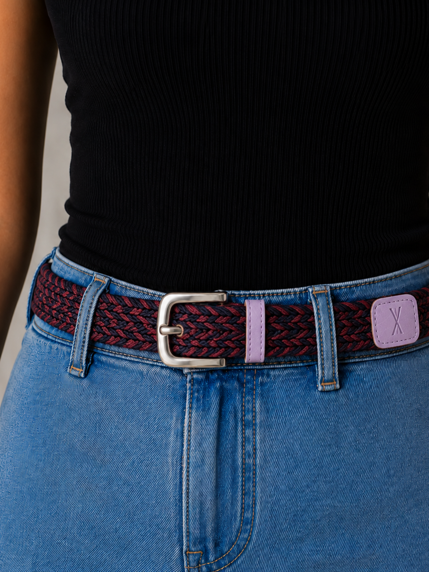 Ceinture tressée fine rouge noir
