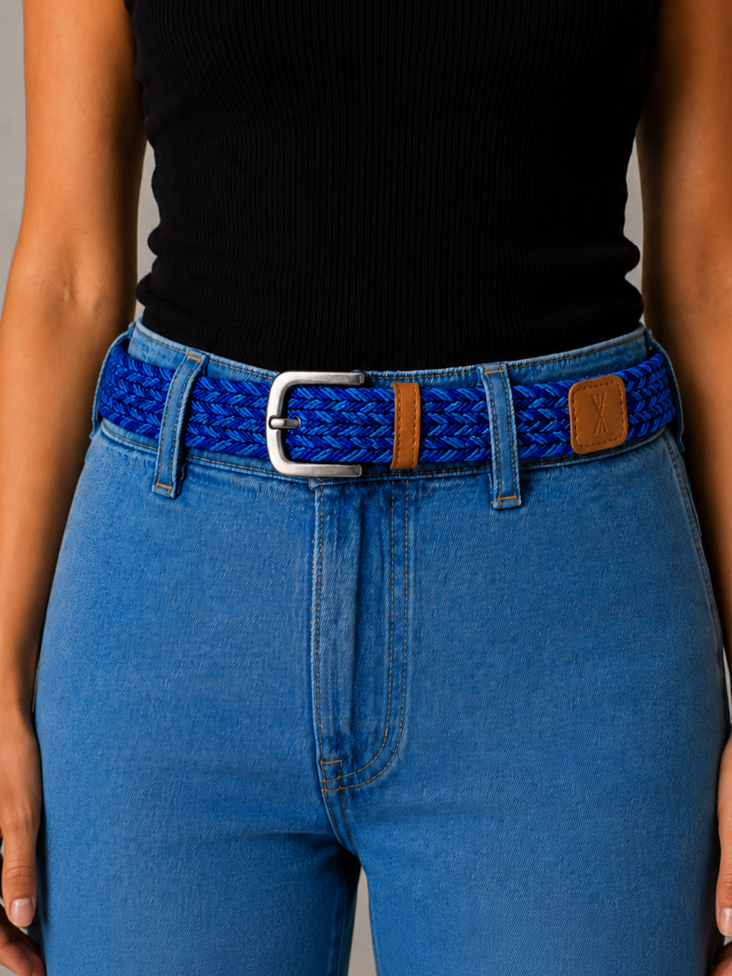 Ceinture tressée fine bleu blanc